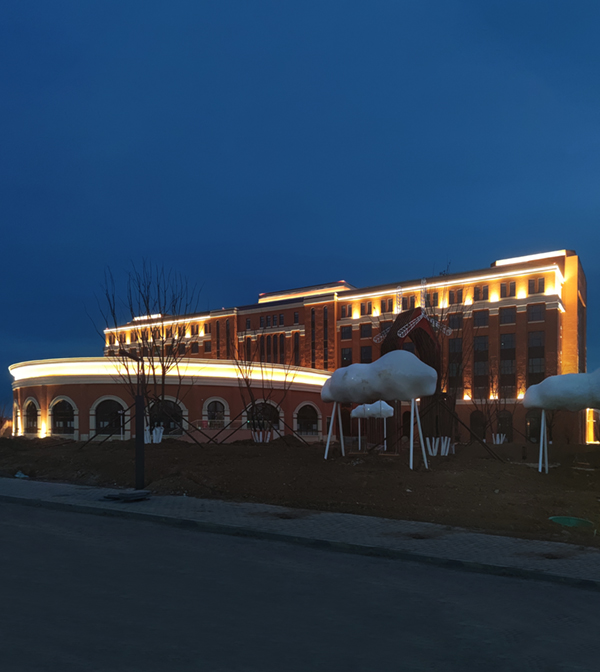 建筑物外墙的灯光勾勒出建筑的轮廓，使其在深蓝色的夜空下显得格外醒目。建筑前有一些造型独特的云朵状装饰物，增添了艺术氛围，周围的树木在灯光的映衬下也形成了独特的剪影效果，整个场景显得宁静而美丽。